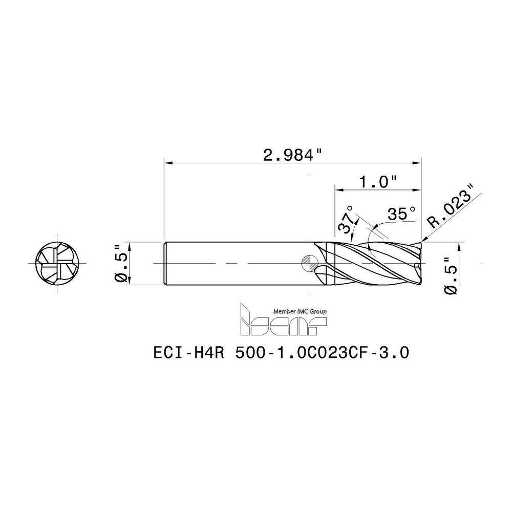 Iscar 5623091 Carbide Corner Radius End Mill: 1/2" Diam, 1" LOC, 4 Flutes