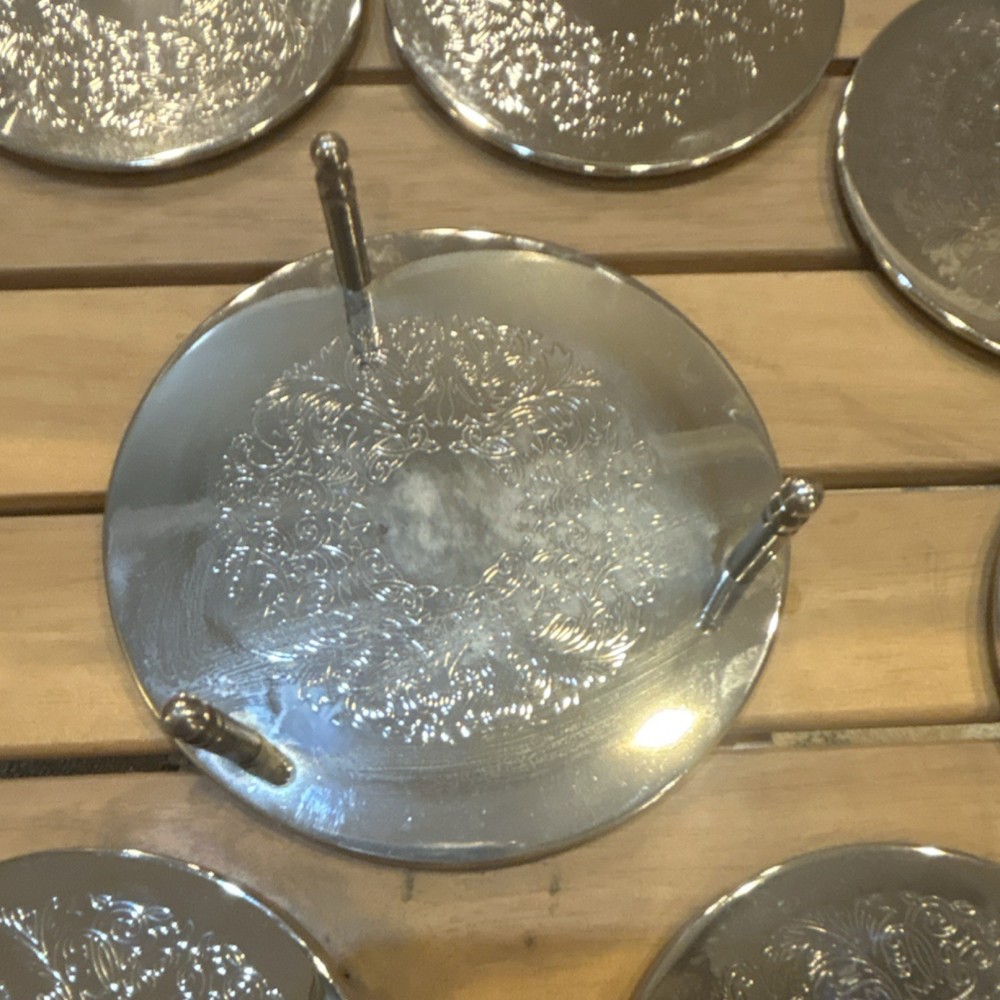 Centurion Collection Silver Plated Embossed Coaster Set 6 With Holder
