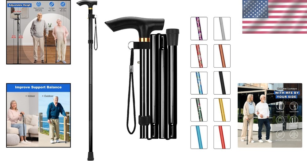 Versatile Folding Walking Stick with 5 Adjustable Heights & Safety Wrist Strap