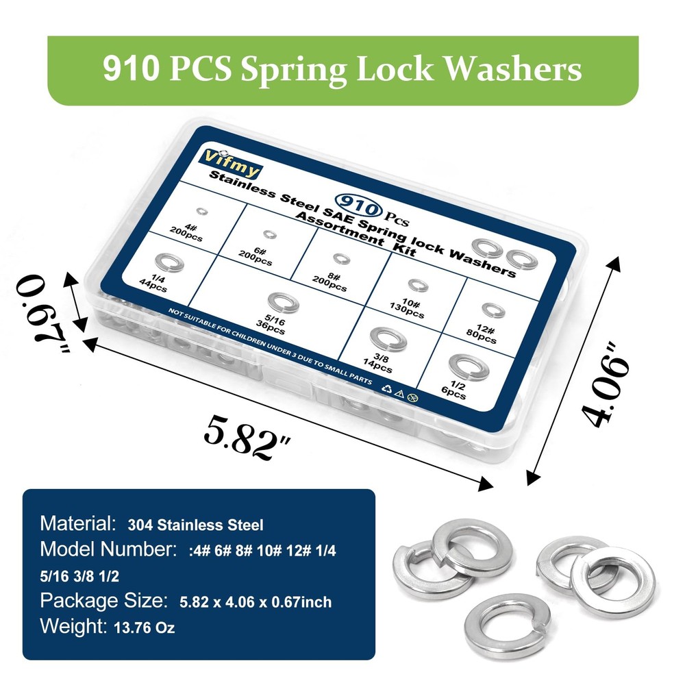 Vifmy SAE Spring Lock Washers Assortment Kit(910 Pack), SAE, Silver