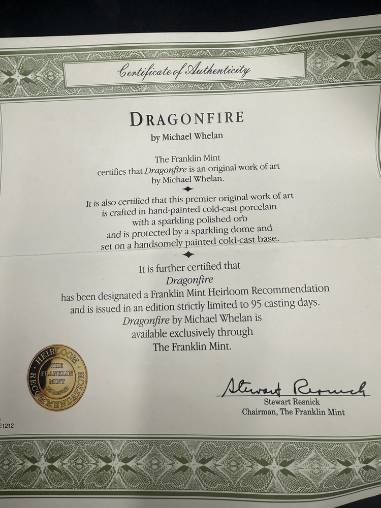 Franklin Mint 'Dragonfire' Michael Whelan Limited Edition w/Dome & Certificate