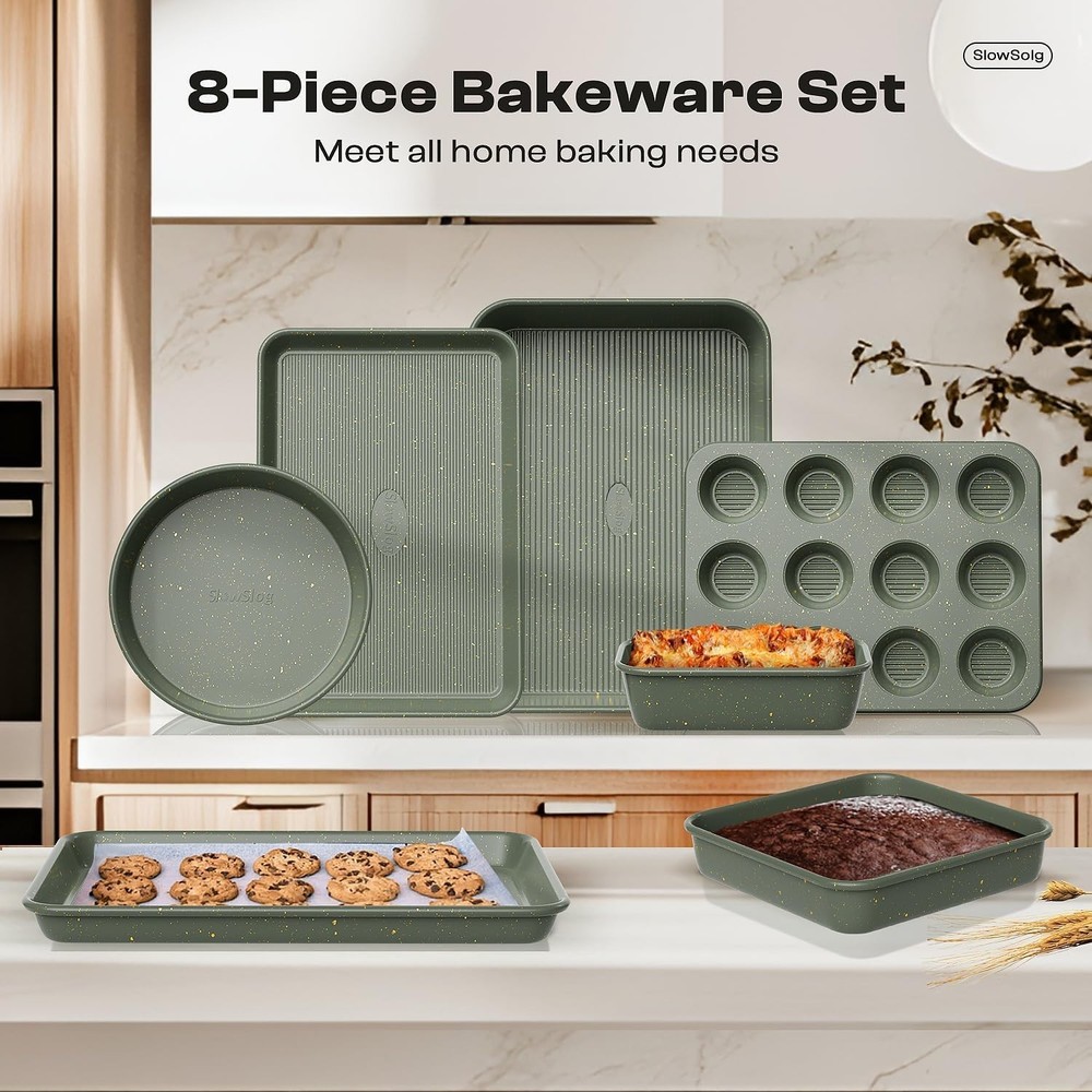 Elite 8-Piece Bakeware Set: Stackable, Nonstick Ceramic, Green Carbon Steel