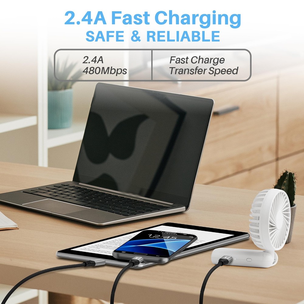 Micro USB Cable 8 FT, Android Charger Nylon Braided Cord, Kindle 8 Black