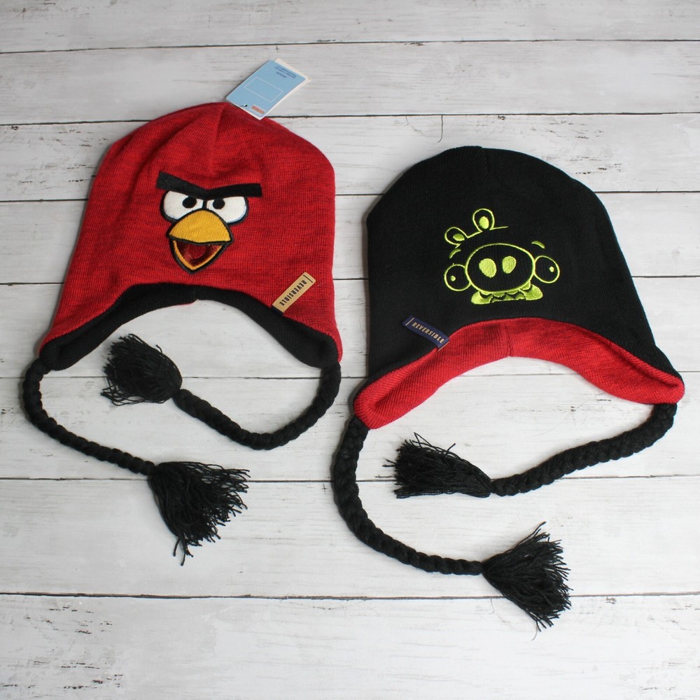 Angry Birds Reversible Winter Knit Earflap Hat One Size Red Black