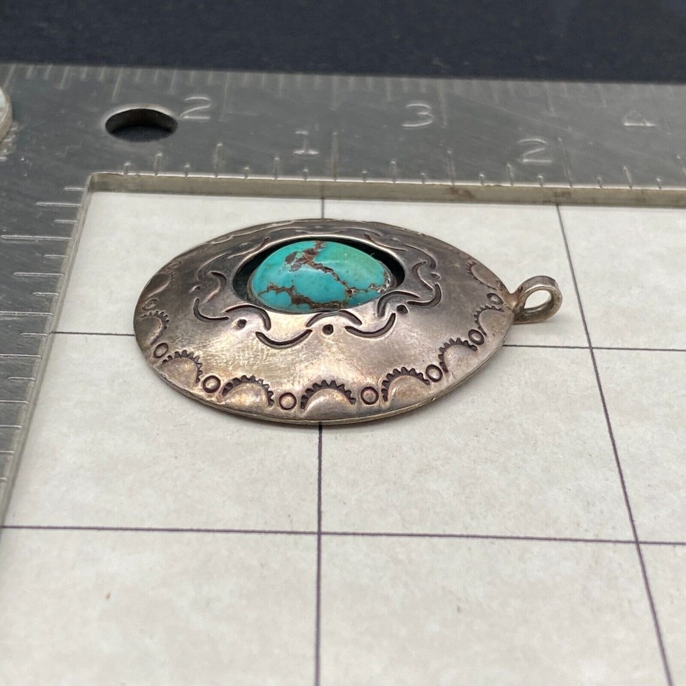 Vintage Navajo Native Turquoise Shadowbox Silver Stampwork Pendant