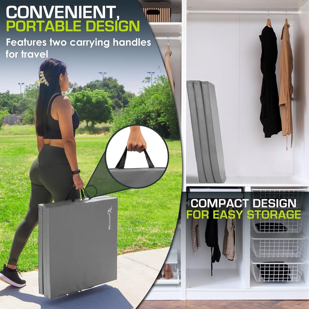ProSource Grey Tri-Fold Exercise Mat - 72”x24” with Carrying Handles for Gym Use
