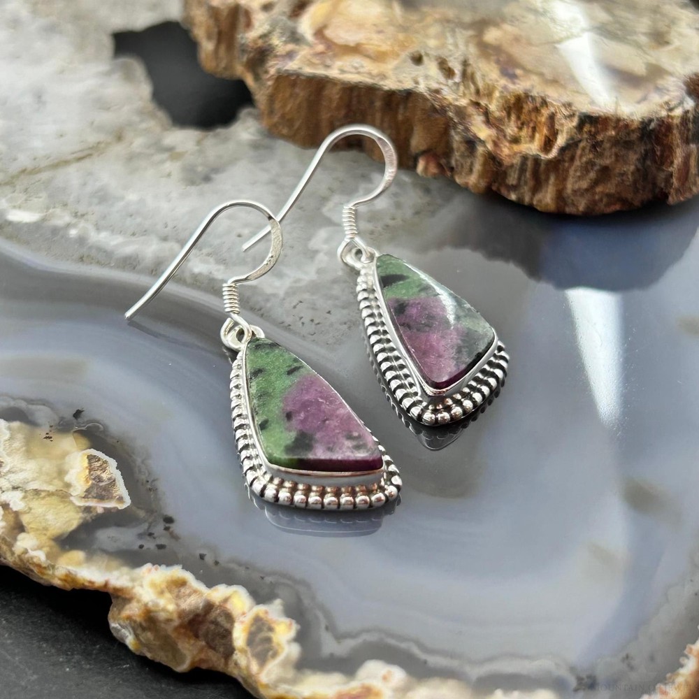 Sterling Southwestern Style Triangular Ruby Zoisite Dangle Earrings For Women