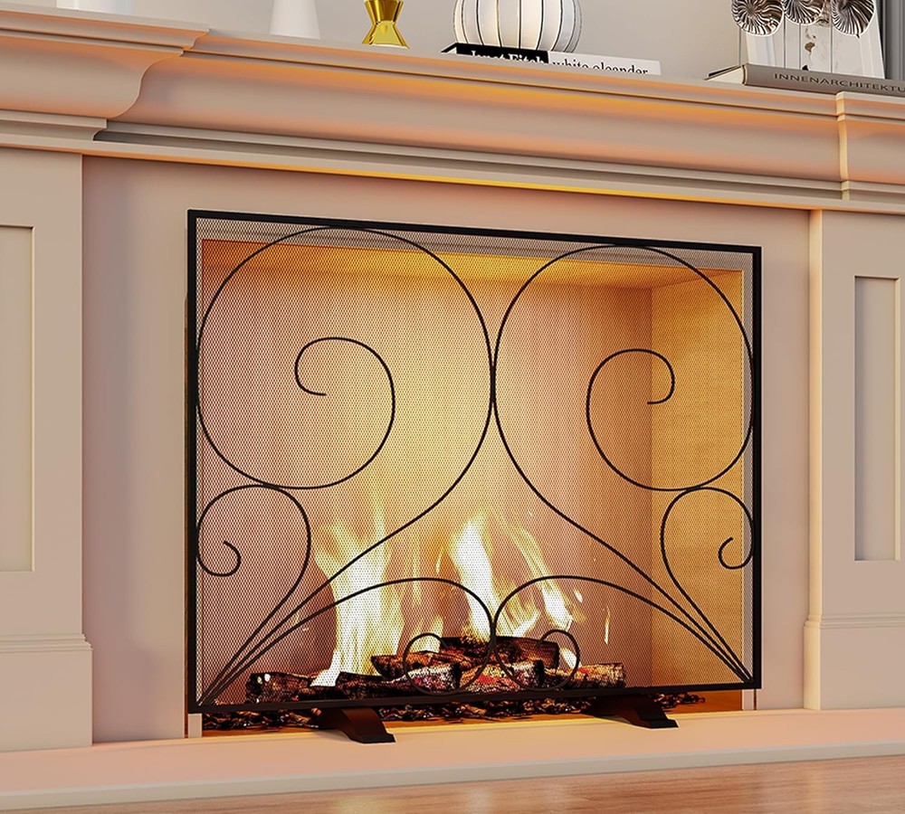 Fire Beauty Single Panel Fireplace Screen Wrought Iron Mesh, Handcrafted