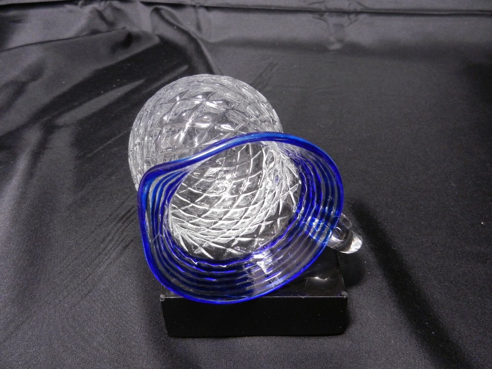 Handblown Mini Pitcher Diamond Optic Applied Handle Clr Cobalt Threads 3 3/4" T