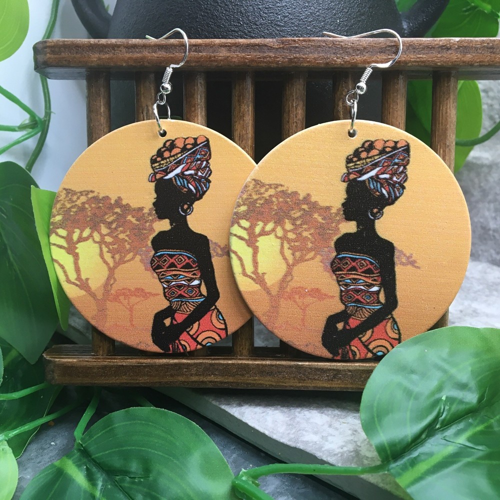 2” Silver-tone Earring Set Boho Retro Wood Dangle Juneteenth African New A738