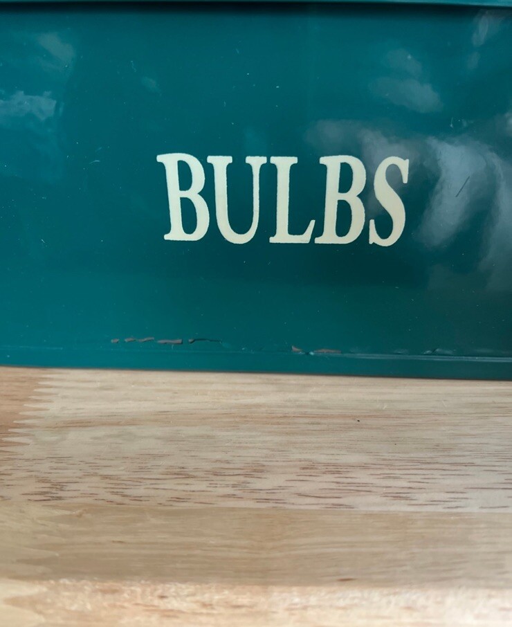 Green Enamelware Container Marked “Bulbs” Spring