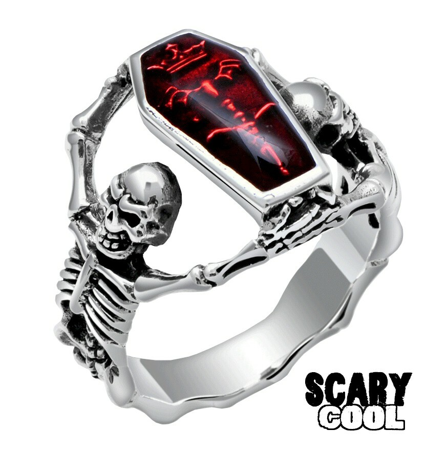 New Skeleton Coffin Vampire Skull Gothic Silver Biker Mens Ring