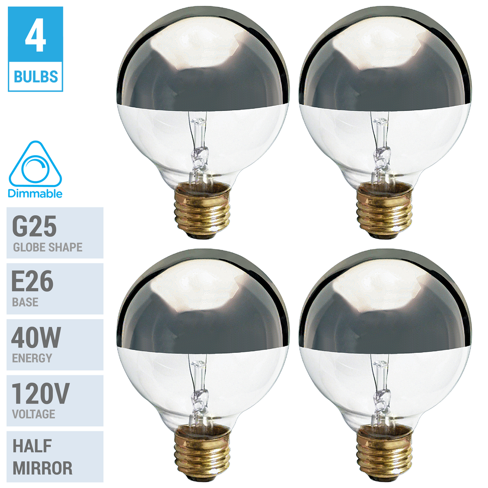 4 Pack 40G25 Globe Bulbs 120V 40W G25 Medium E26 Half Chrome Mirror Silver Crown