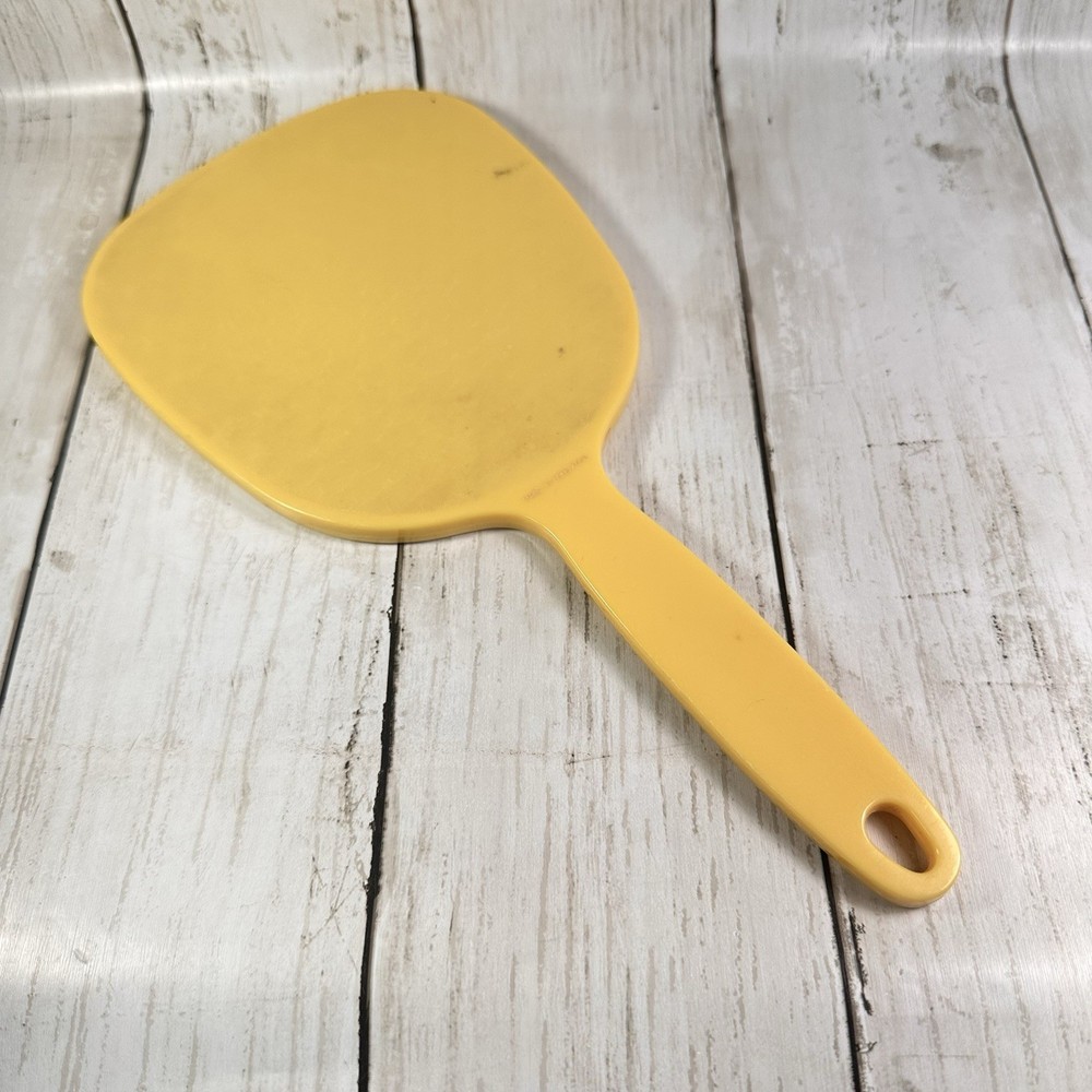 Beige Hand Mirror Plastic 11” Rectangular Textured Back Vintage Hong Kong