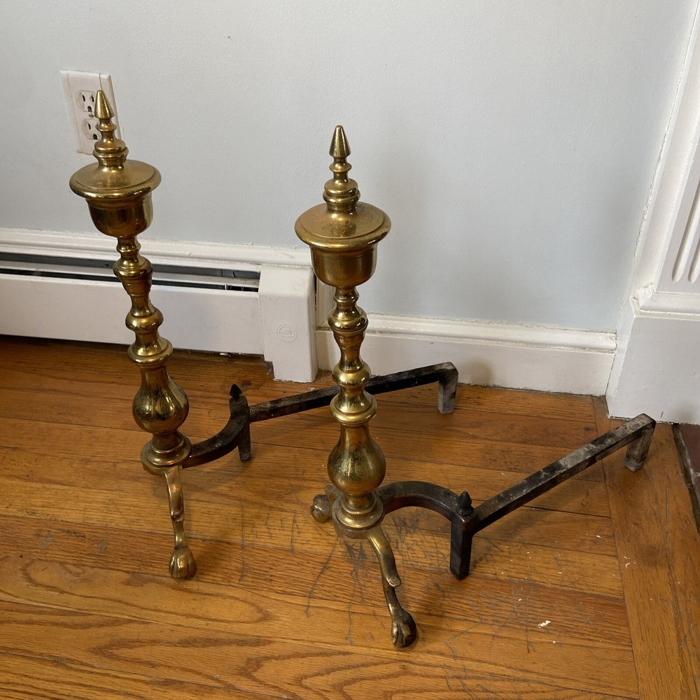 Antique Brass Fireplace Tools And 21” Brass Andirons