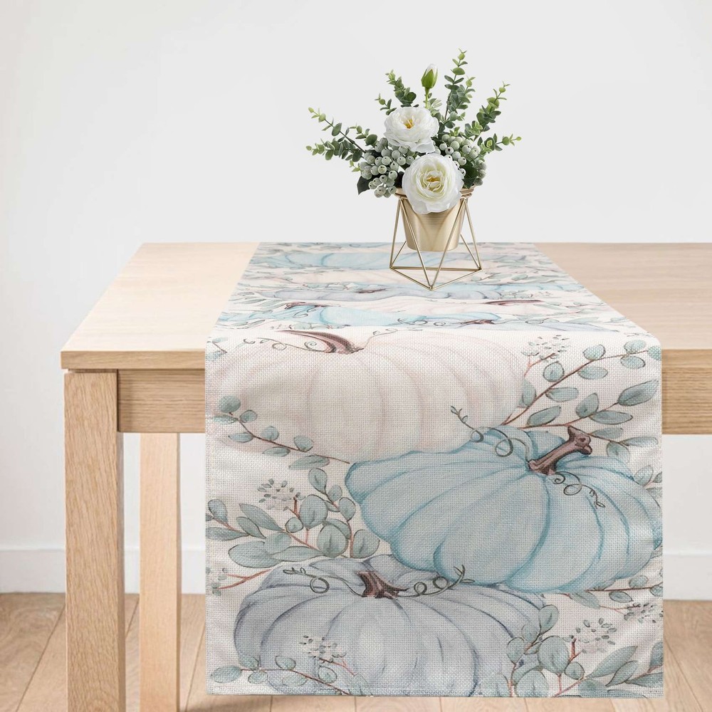 Fall Eucalyptus Leaves Pumpkins Table Runner, Autumn Thanksgiving Kitchen3328