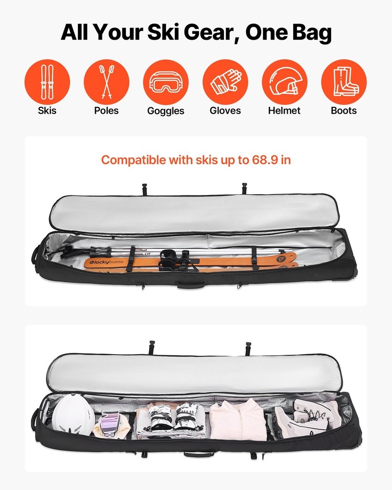 Oversized Ski Bag 190cm, 600D All-Weather Protection, Multi-Position Rollers