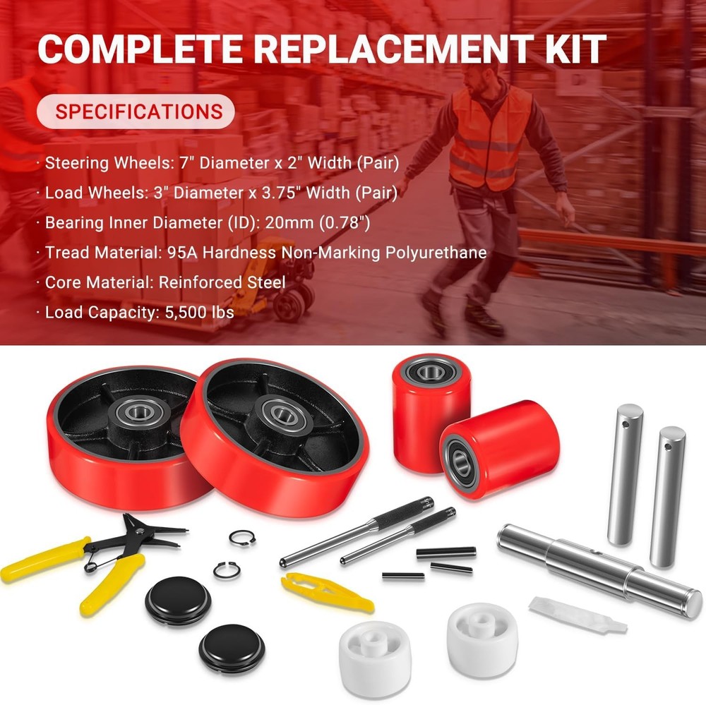 Pallet Jack Wheels Kit Steering Wheels 7"x 2" Pair, Load Roller 3" x 3.75" Pair