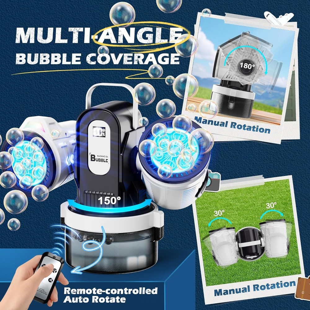 Dual-Engine Bubble Machine with RGB Lights & Remote Control, 150° Auto Rotation,