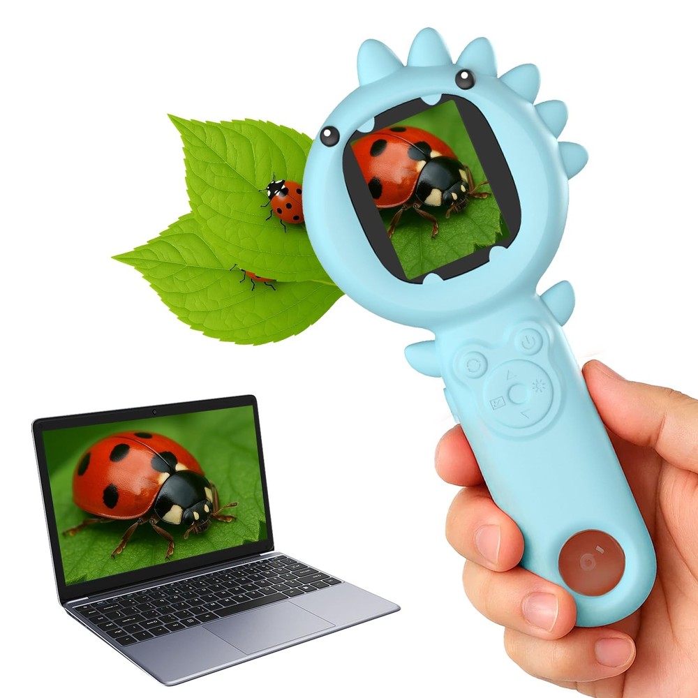 2-in-1 Microscope Camera for Kids, Mini Handheld Blue Dinosaur