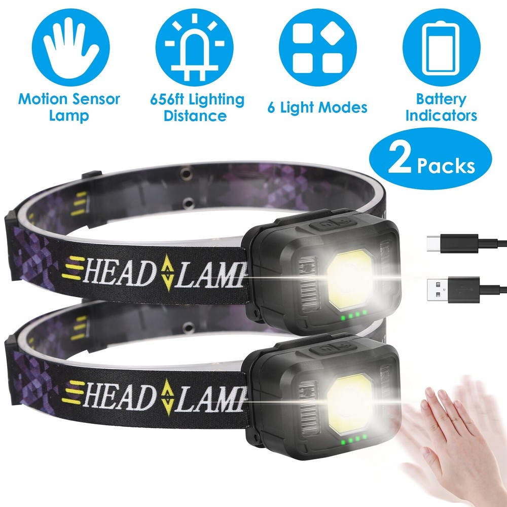2 Packs Rechargeable COB LED Head Lamp Flashlight Headlamp with Motion Sensor