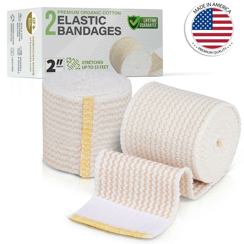GT 2" (2 Pack) Cotton Elastic Compression Bandages Body Wrap Hook/Loop USA Made
