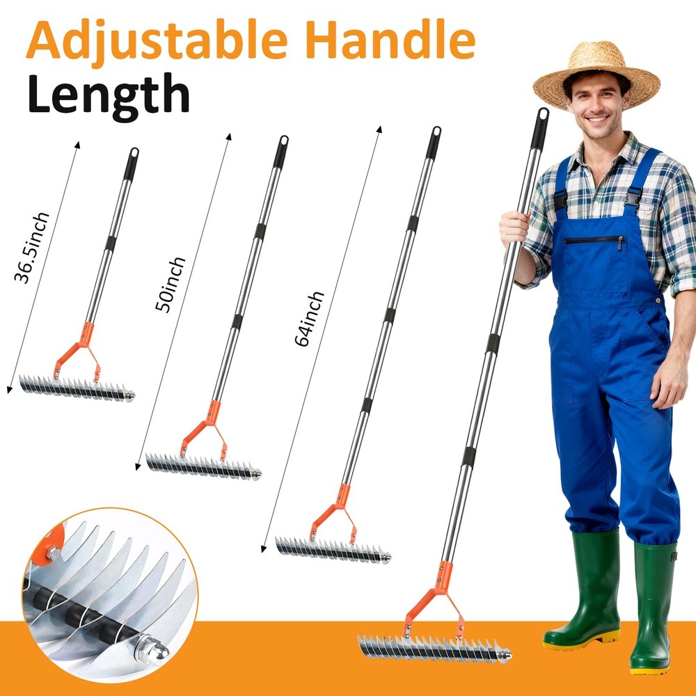 15 Inch Thatch Rake Dethatcher Adjustable Handle Heavy Duty Steel Metal