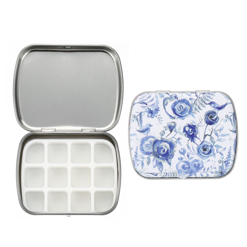 12 Well Portable Mini Tiny Paint Storage Box Blue Rose