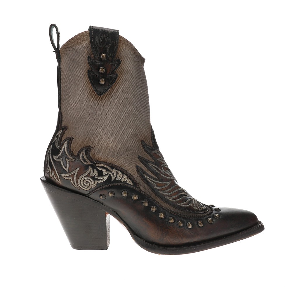 Corral Boots Bone Brown Overlay Embroidered Studded Snip Toe Pull On Cowboy Boot