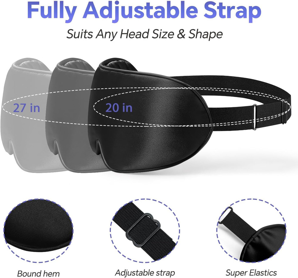 Silk Sleep Mask – 2 Pack Silk Eye Mask for Sleeping, Adjustable Strap, 100% Blac