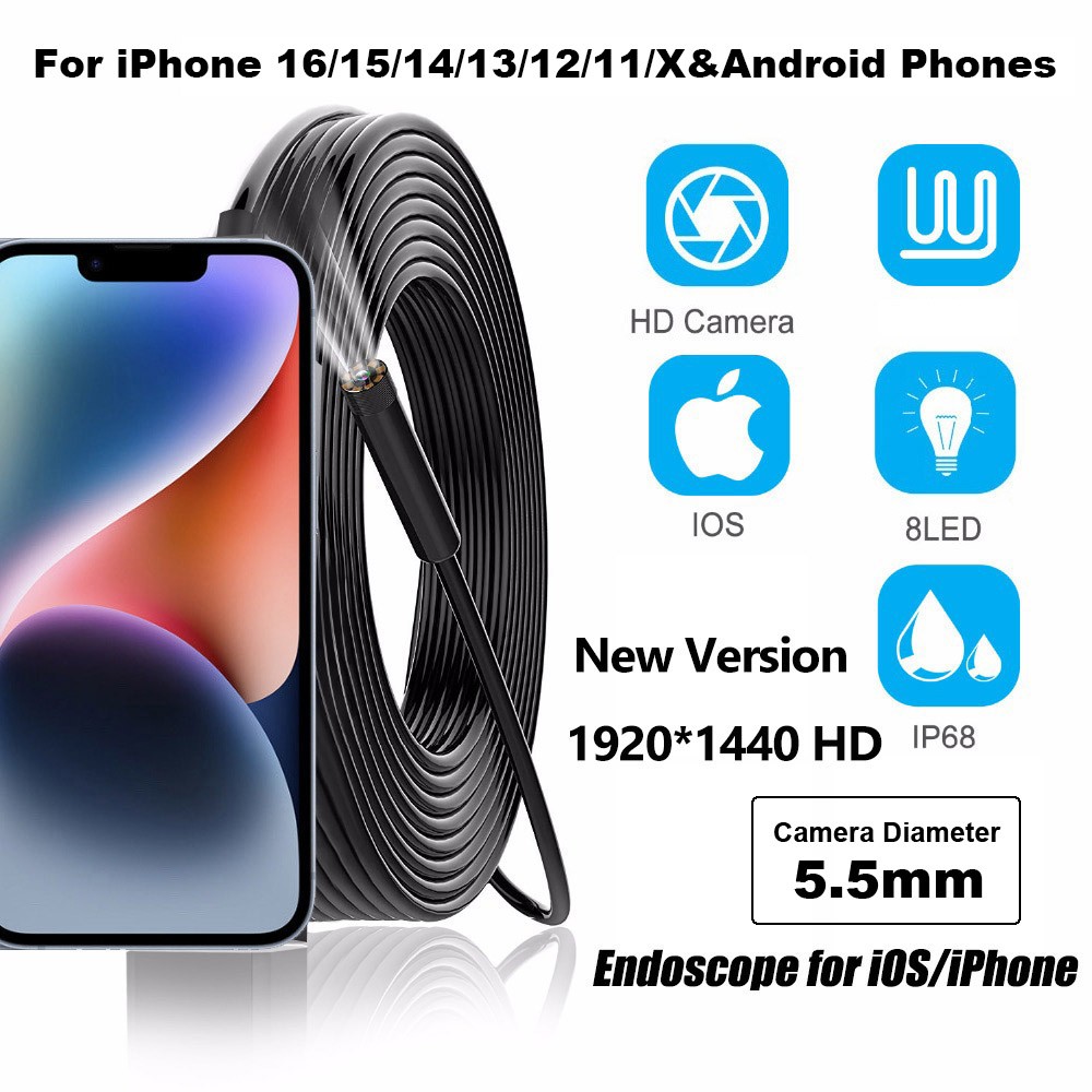 5.5mm Endoscope Inspection Camera Flexible Video Cam iPhone iOS Android Phone US