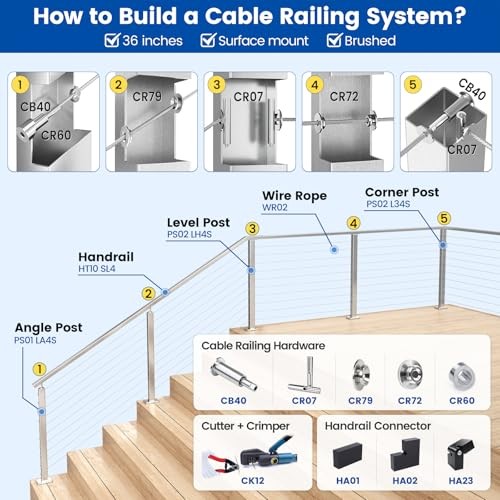 Cable Railing Post 36 Inch 36"x2"x2" Level Drilled Surface Mount Level post