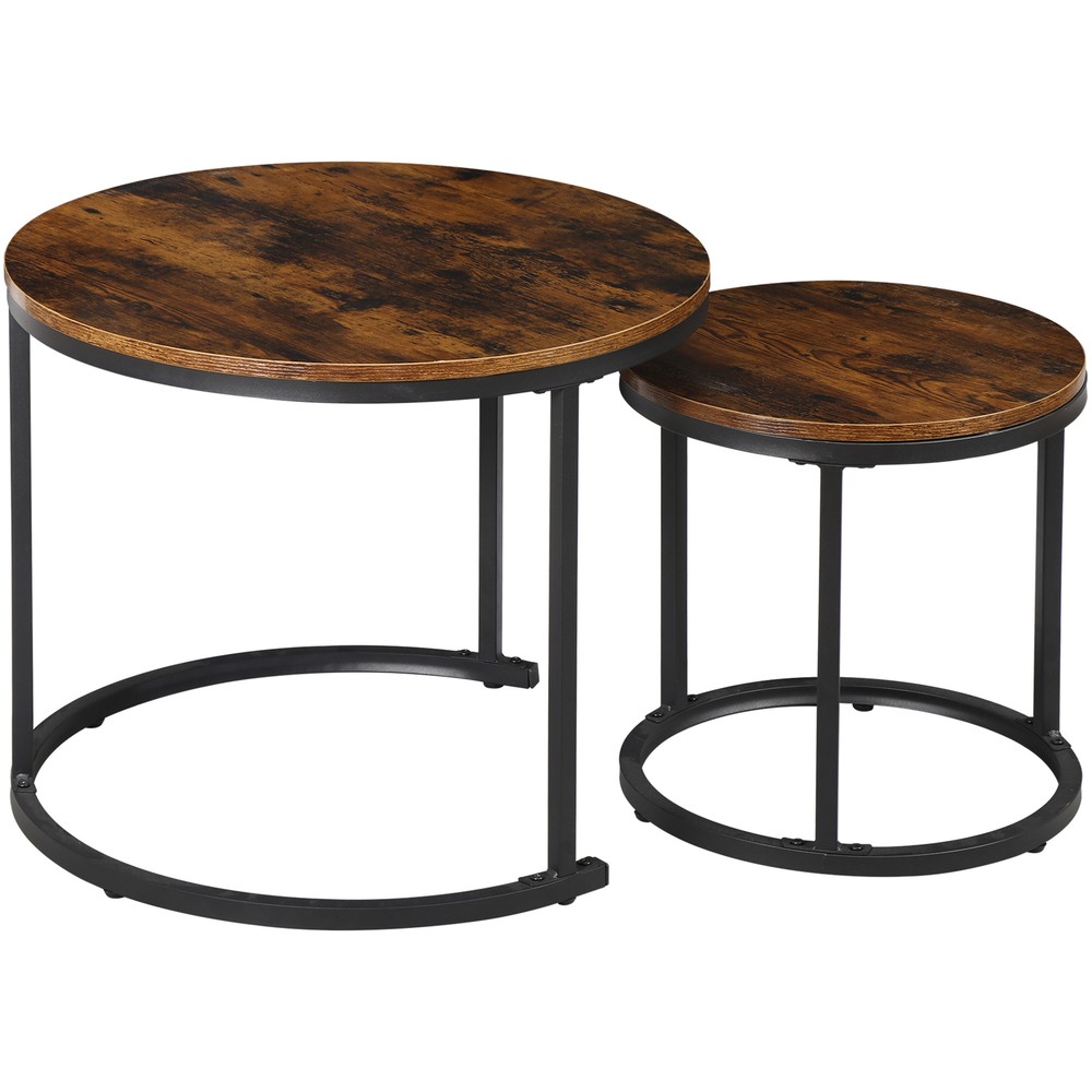 Set of 2 Nesting Coffee Table Round End Side Table for Small Spaces Rustic Brown