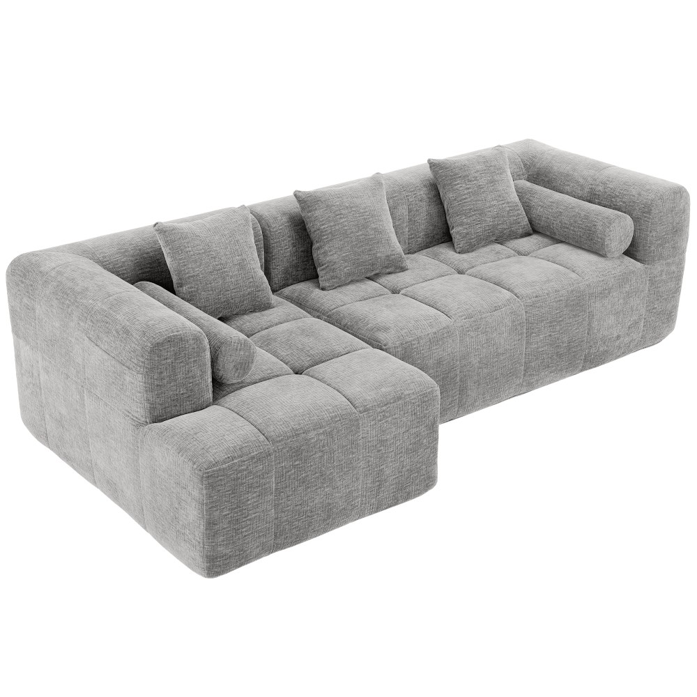 3-Seat Modular Sectional Sofa, Tufted Back with Side Pockets, Light Grey