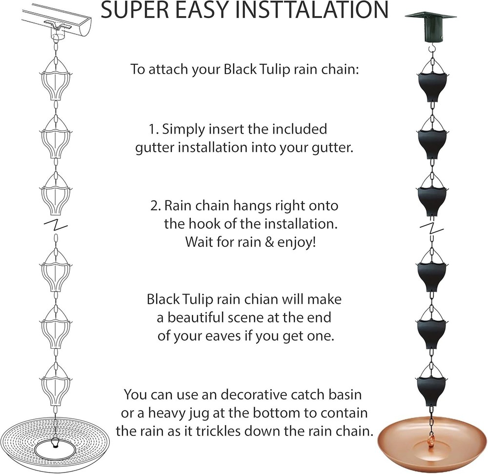 Original 9FT Black Tulip Iron Rain Chains Gutter & Rain Barrel Replacement