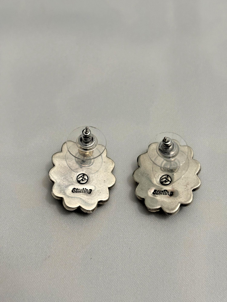 VINTAGE NATIVE AMERICAN STERLING SILVER SPIDERWEB TURQUOISE SIGNED EARRINGS