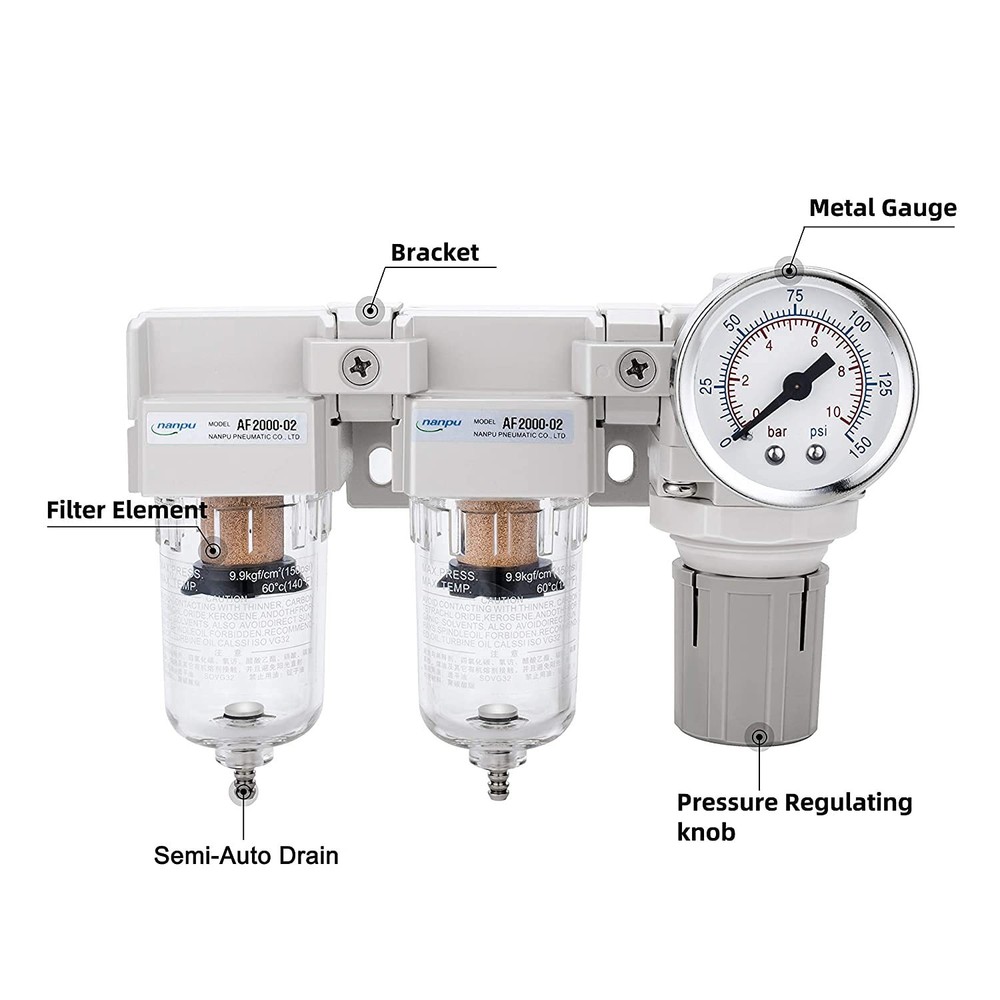 Efficient 1/4" NPT Air Filter and Regulator Combo with Complete Installation Kit