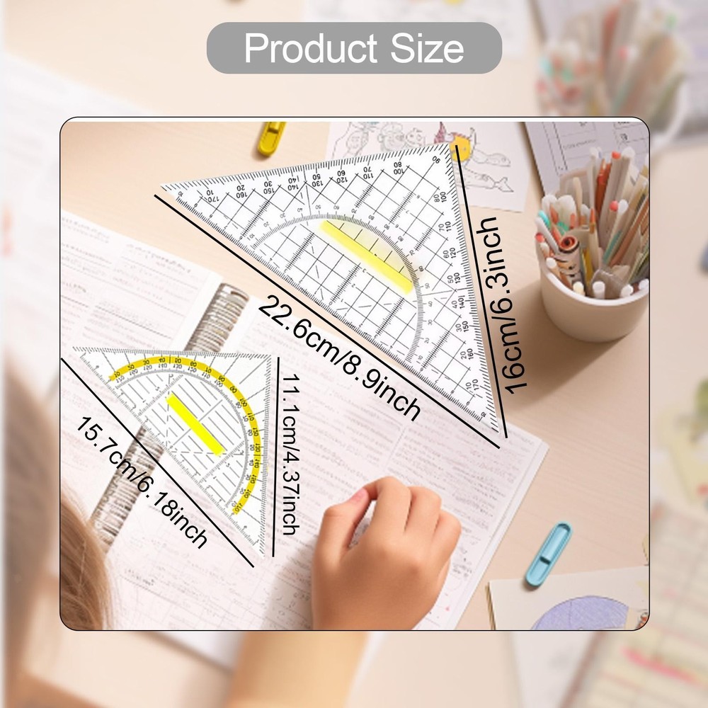 2 Pieces Set Square Protractor Triangular Ruler for School Classroom Student