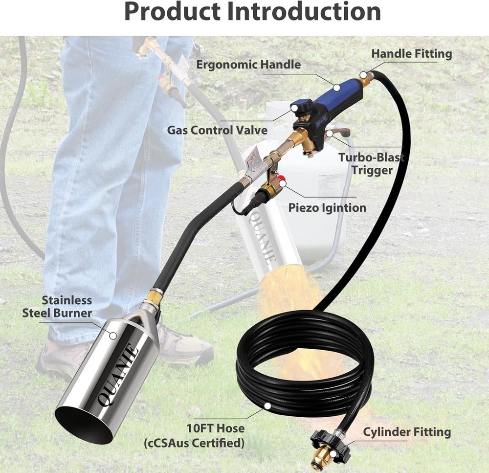 Environmentally Friendly Propane Flame Torch - Quick Weed Control with 10FT Hose