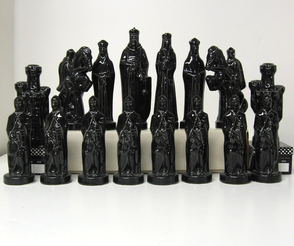 Black & White Tall Glazed Ceramic Chess Set 6" King-Complete-No Board