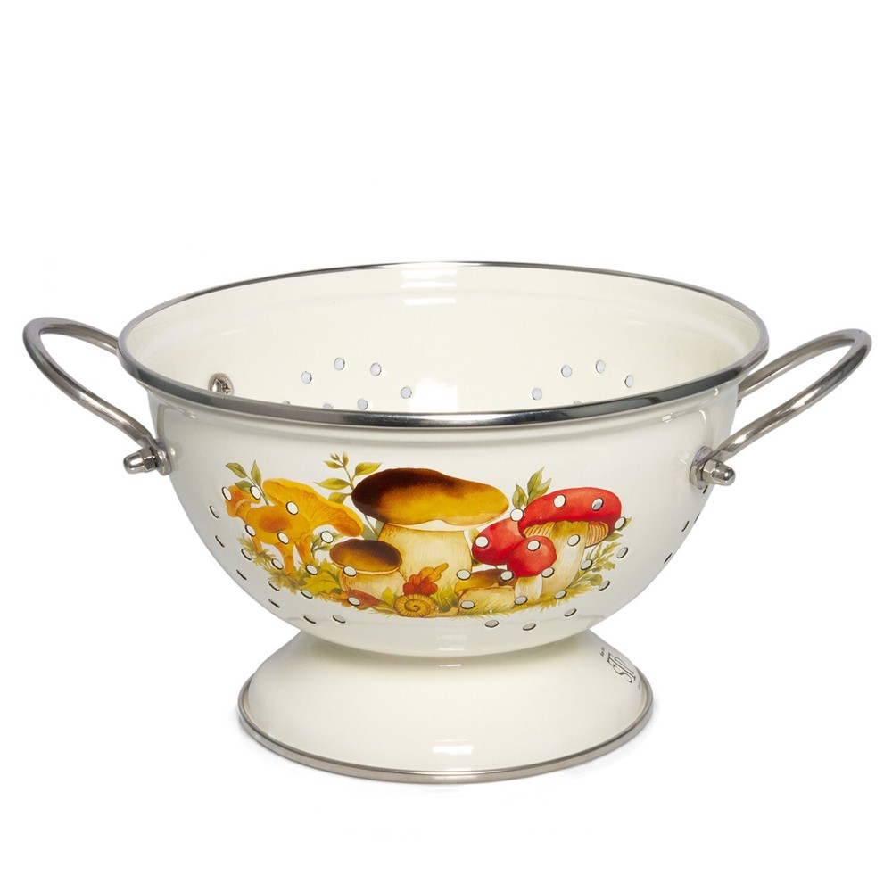 MUSHROOMS Enameled Colander, Enamelware Strainer Pasta Fruit 2.6 qt