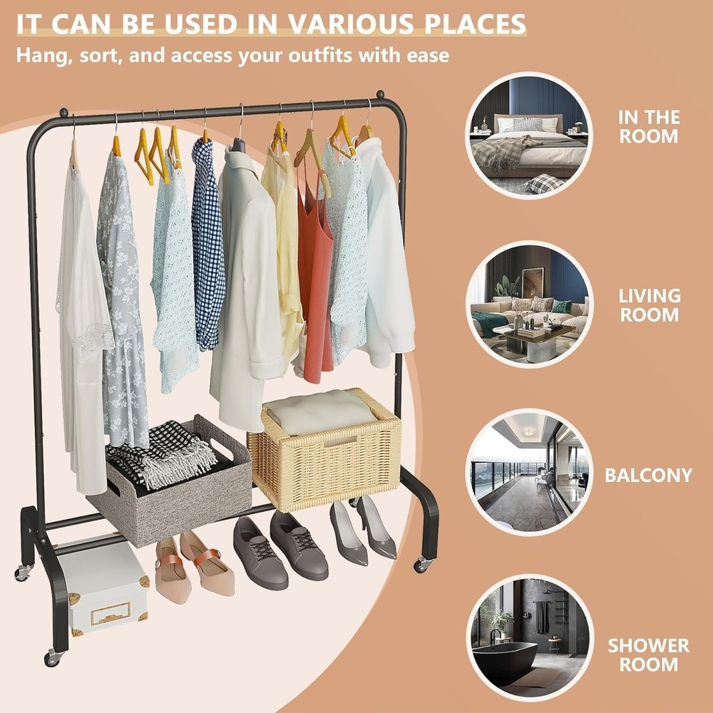 Versatile Black 61” Rolling Clothes Rack with Lockable Wheels and Shelf