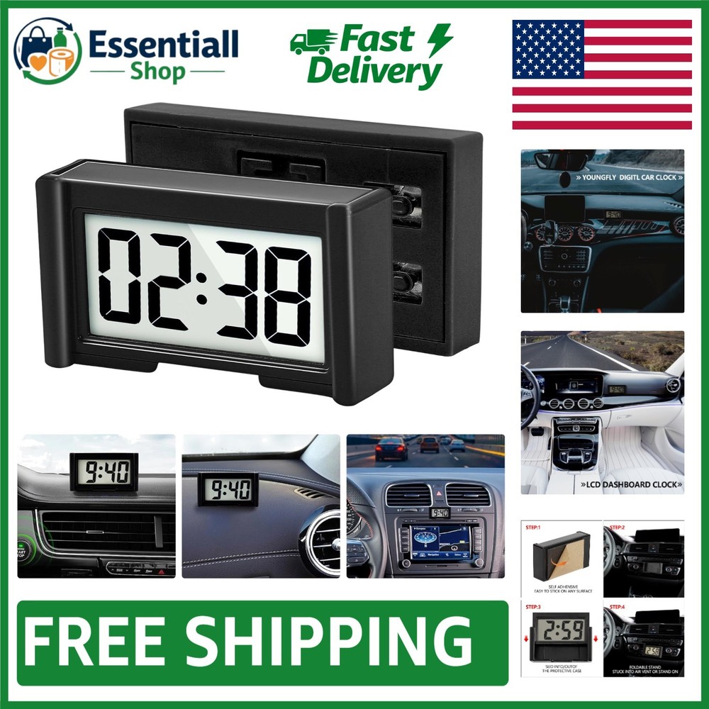 Compact Battery-Operated Digital Dashboard Clock with Stopwatch Function – Black
