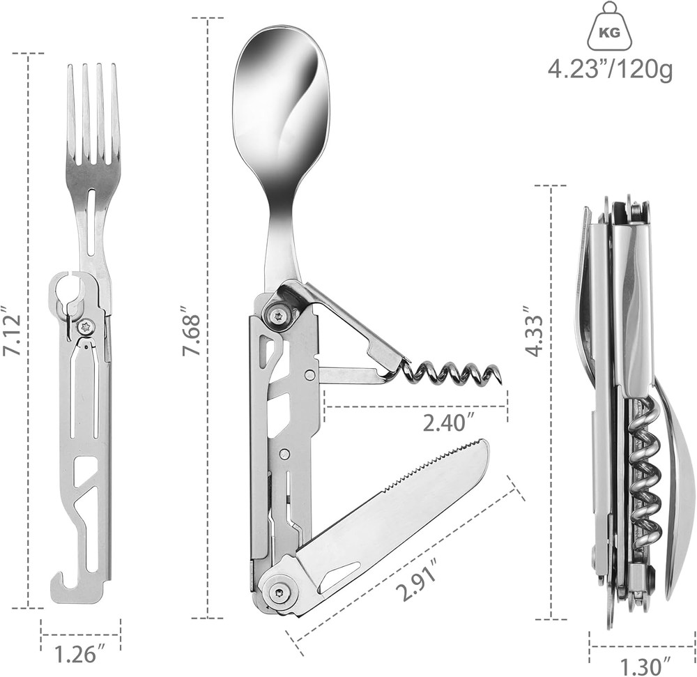 Camping Utensils, 6-In-1 Detachable Stainless Steel Camping Flatware Multi-Tool