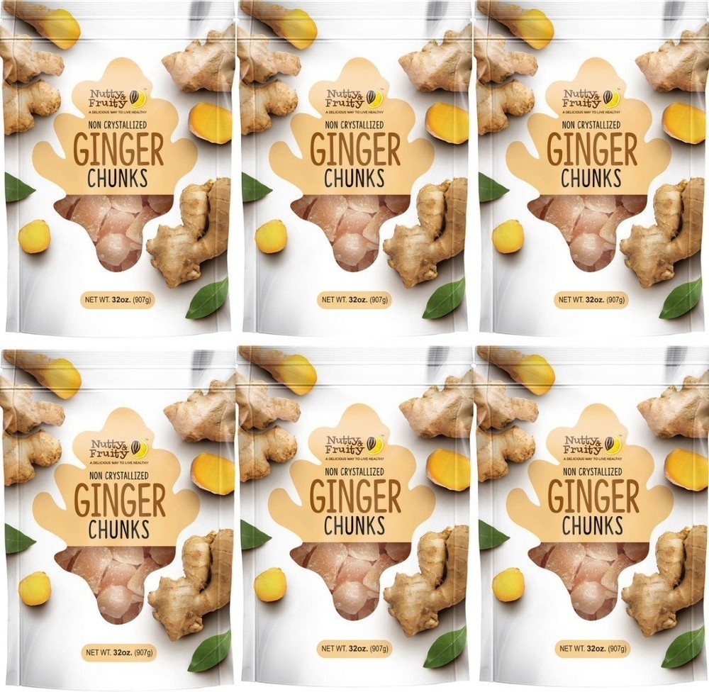 4-Pack Nutty & Fruity Ginger Chunks Dried Non Crystallized Ginger, 32 oz Each