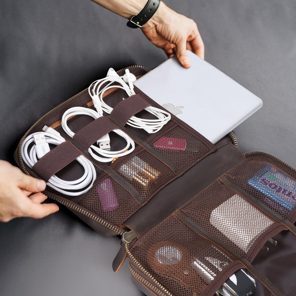 Double Layer Leather Travel Cable Organizer Bag for Electronics Storage