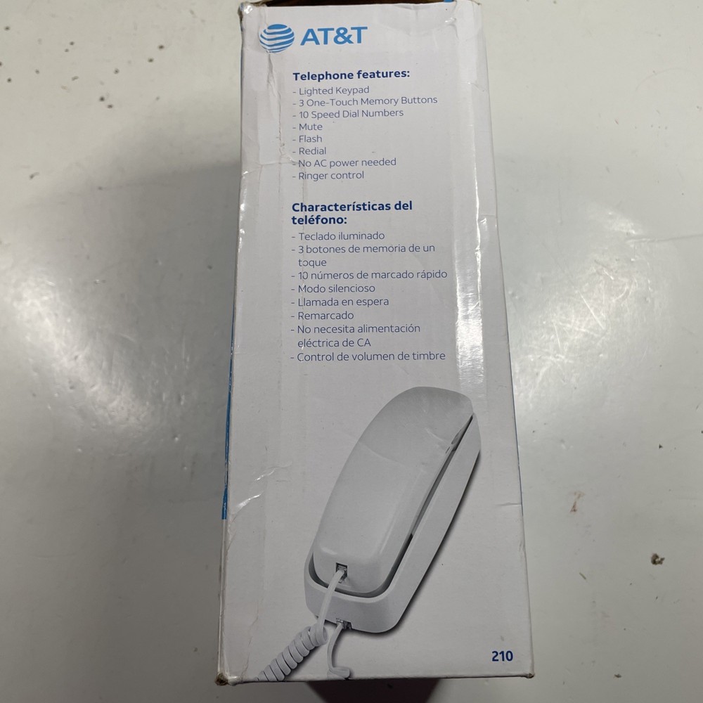 AT&T 210 Basic Trimline Corded Phone Single Line No AC Power Required White