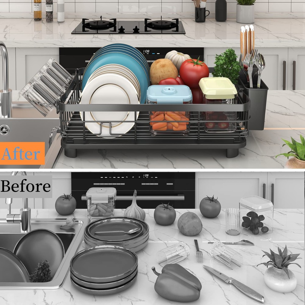 Dish Drying Rack, Dish Rack with Auto-Drain & Mat, Dish Drainers for Kitchen ...