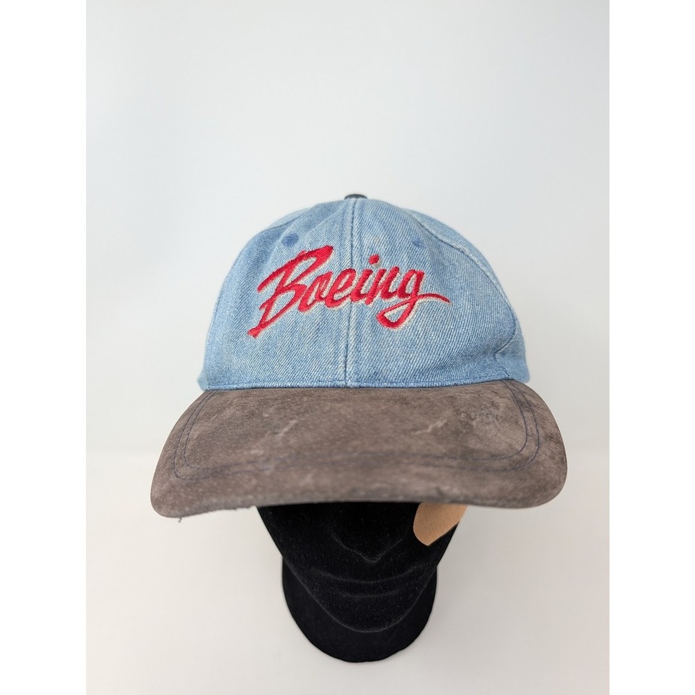 Vintage Boeing Hat Red Cursive Logo Cap Adjustable Jean Blue Suede OS