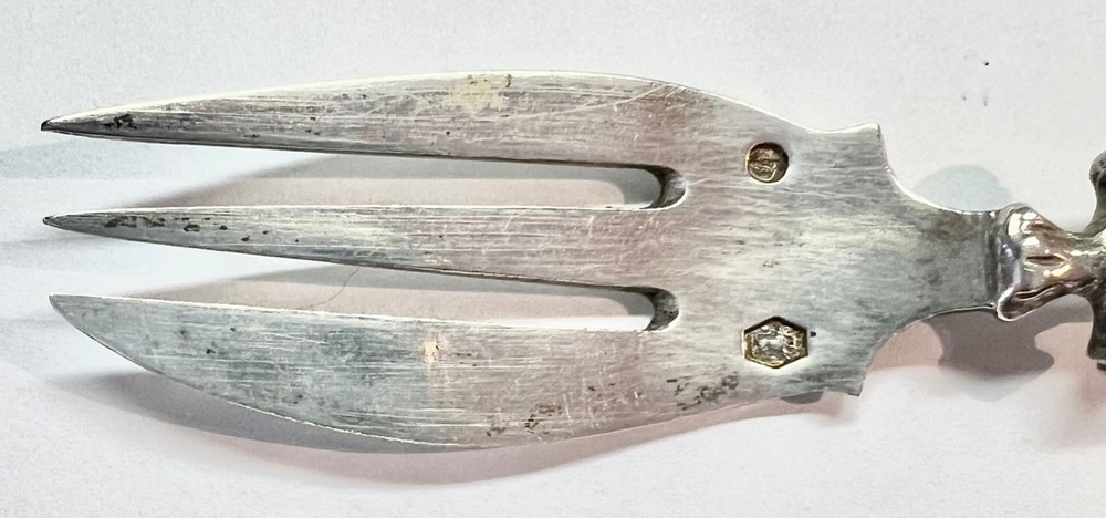 Pair Dutch silver figural handle Flying Dutchman Fluyt cargo ship pastry forks